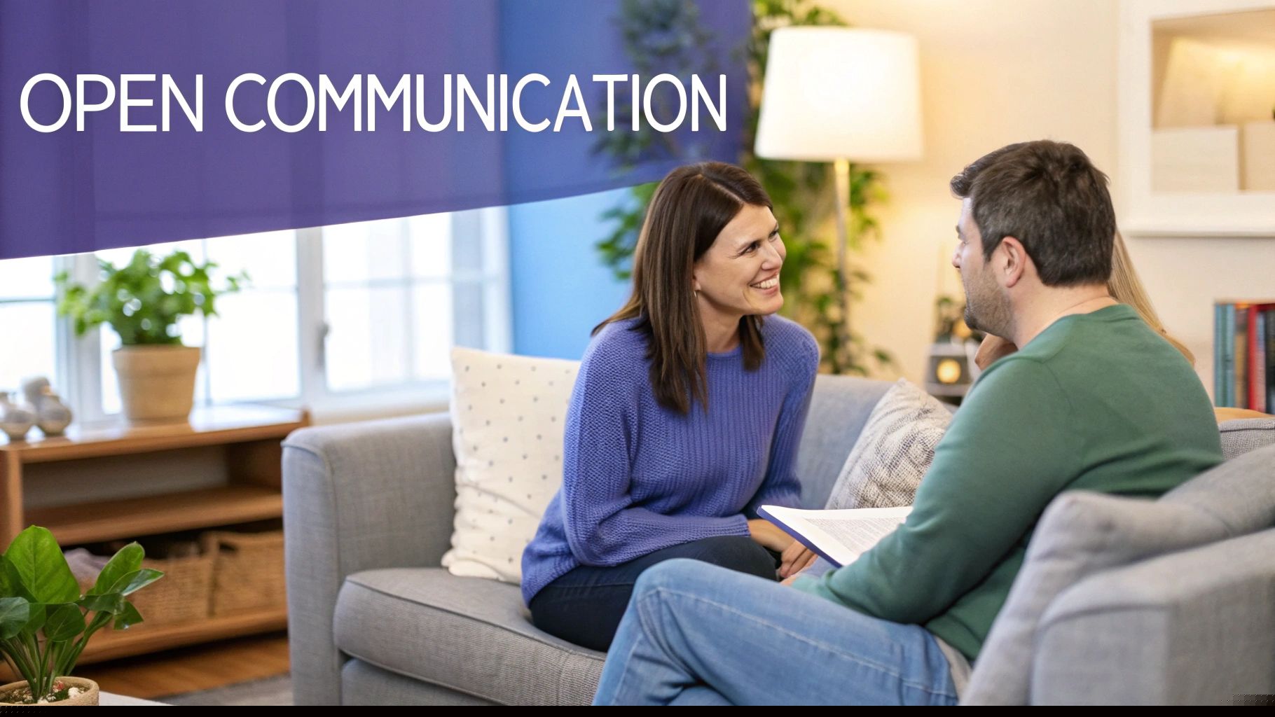 Couples sitting on a couch talking to a therapist